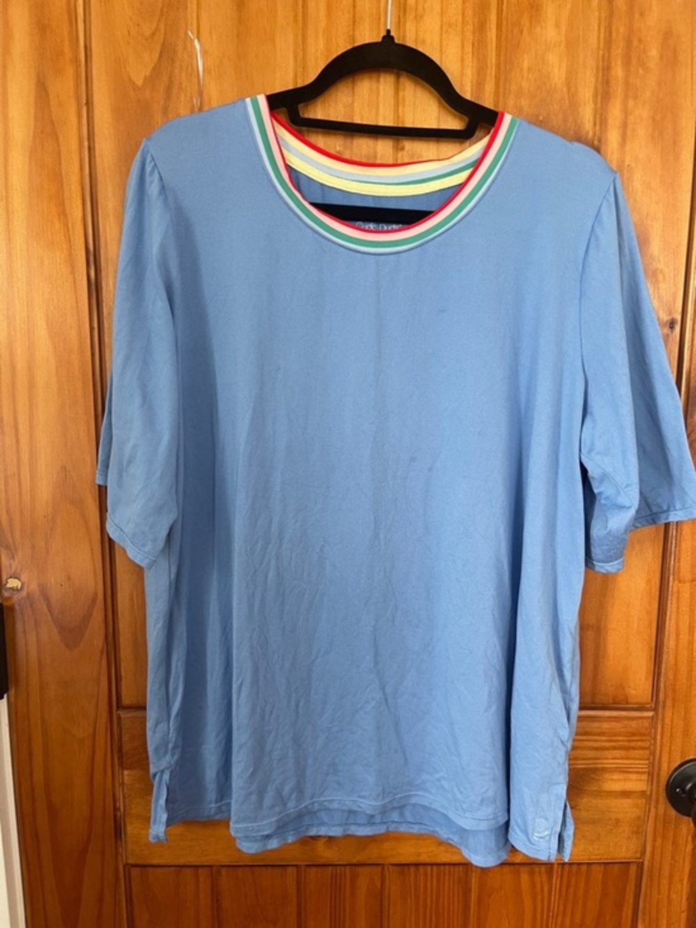 Cuddl Duds Light Blue soft knit pajama top Tee with Rainbow Stripe Trim large